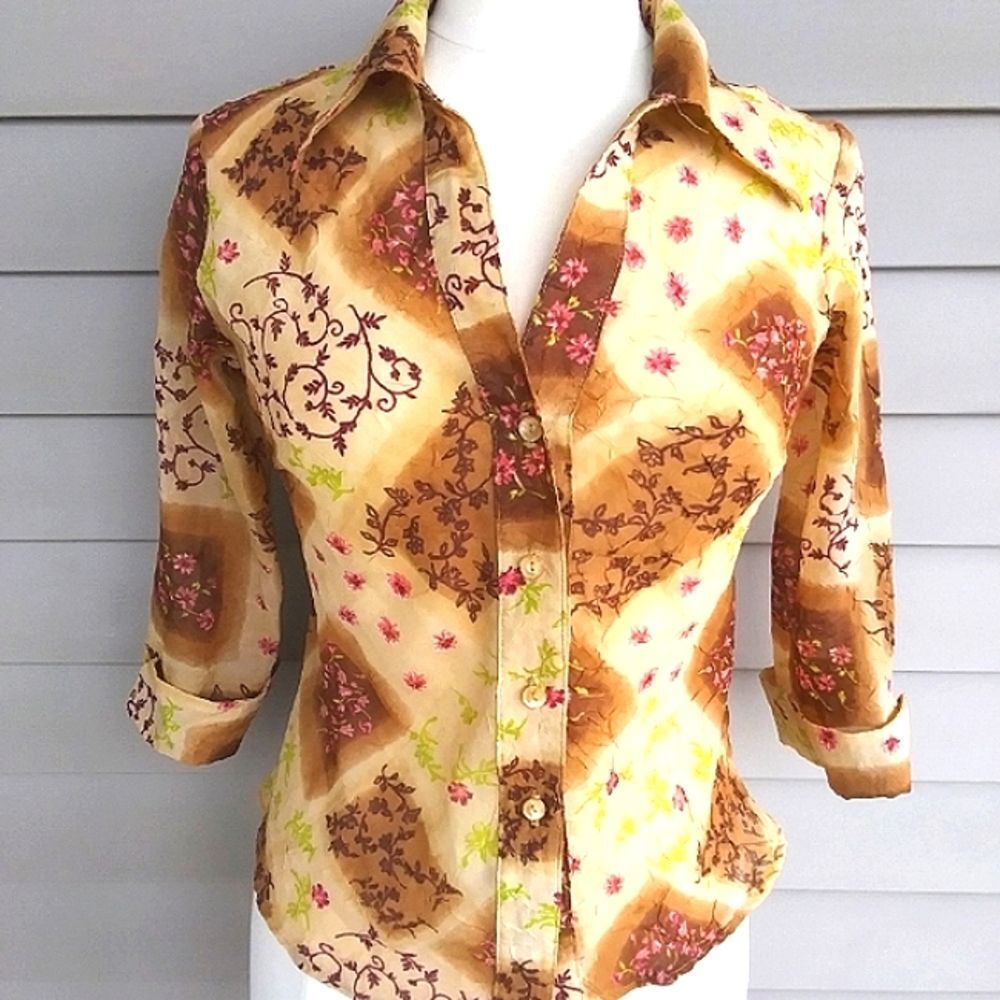 Blouse Chiffon Sheer Button Front 3/4 Length Sleeves Boho Patchwork Look…